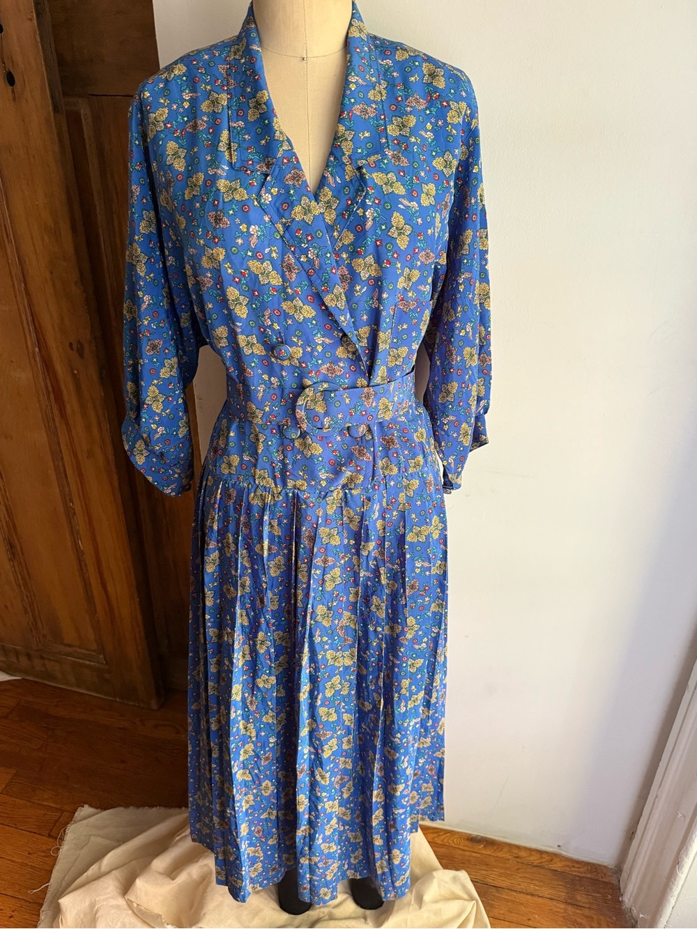 Vintage Lisco Paris French Blue Floral Midi Shirt Dress Double Breasted Dress